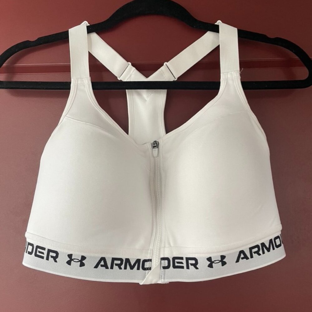 Under Armour High-Support White Sports Bra – Front Zip + Clasp, Racerback 34DD